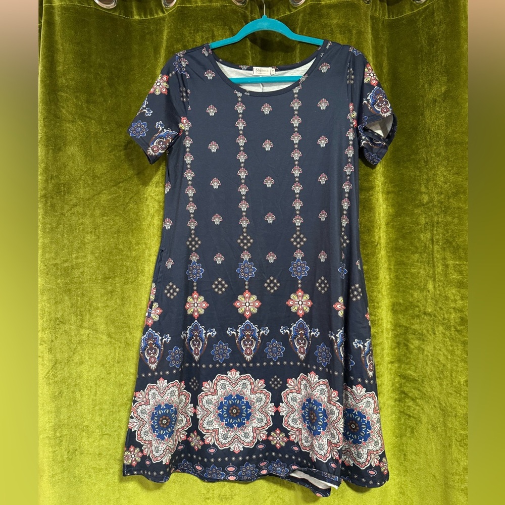 LuLaRoe Navy and Pink Floral Midi Dress